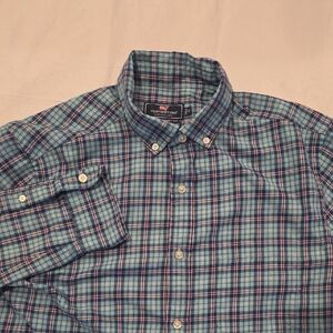 Vineyard Vines Men's Classic Fit Murray Shirt Teal Navy Pink Plaid Long Sleeve M